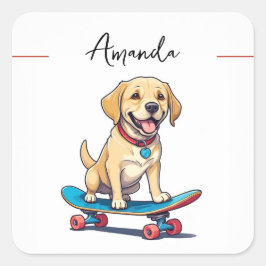 Pegatina Cuadrada Cachorro amarilla en Skateboard Labrador