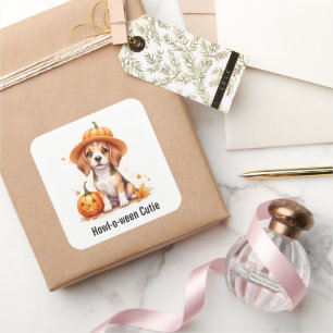 Pegatina Cuadrada Cachorro Beagle con sombrero de calabaza Halloween