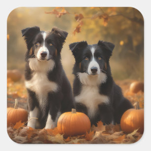 Pegatina Cuadrada Cachorro Border Collie Delicia de Otoño Calabaza