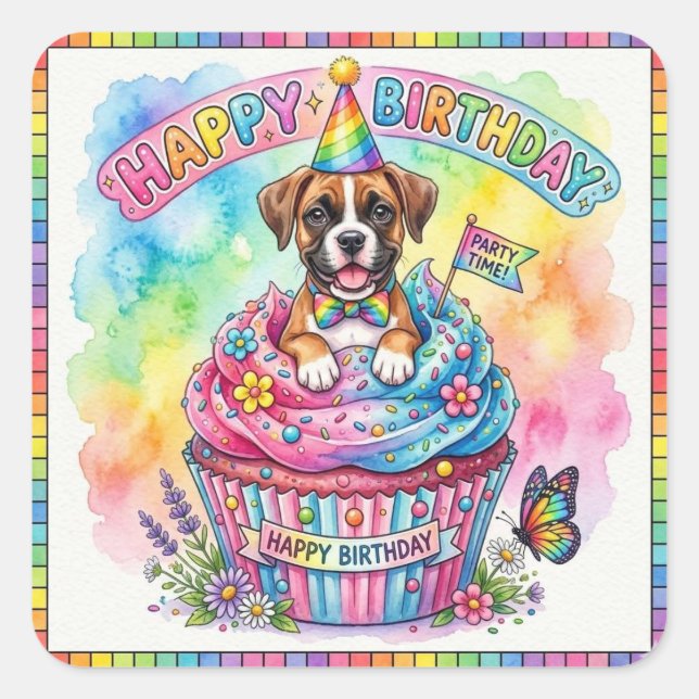 Pegatina Cuadrada Cachorro Boxer Adorable Cupcake Cumpleaños Acuarel (Anverso)