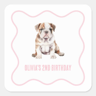 Pegatina Cuadrada Cachorro bulldog preppy de cumpleaños con cuadros 