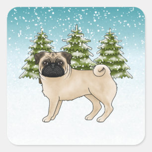 Pegatina Cuadrada Cachorro Caricatura Lindo Pug Cervato Bosque Inver
