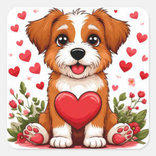Pegatina Cuadrada Cachorro Con Corazón Para Amantes De Los Perros