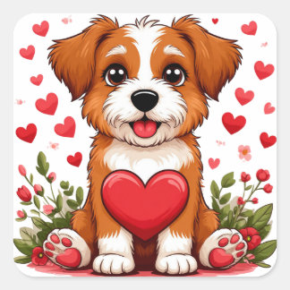 Pegatina Cuadrada Cachorro Con Corazón Para Amantes De Los Perros