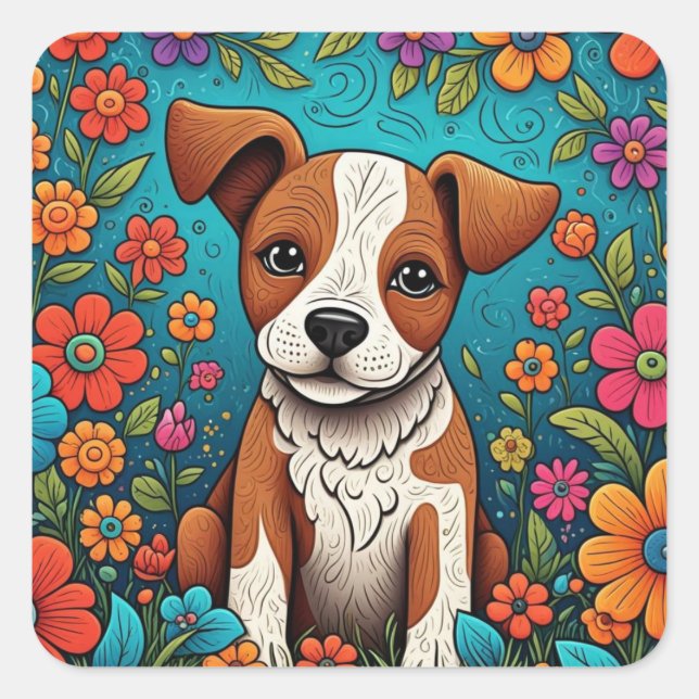 Pegatina Cuadrada Cachorro con flores de arte folclórico caprichosas (Anverso)