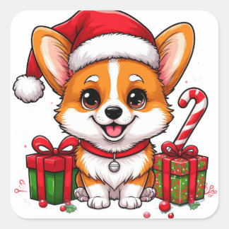 Pegatina Cuadrada Cachorro Corgi Adorable Celebrando la Navidad con