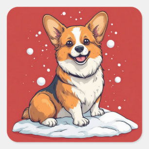 Pegatina Cuadrada Cachorro Corgi Adorable Sentado En Escena Navideña