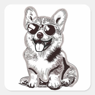 Pegatina Cuadrada Cachorro Corgi Personalizado con Gafas de Sol   Ar