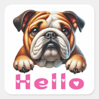 Pegatina Cuadrada Cachorro de Bulldog Inglés adorable Hola 