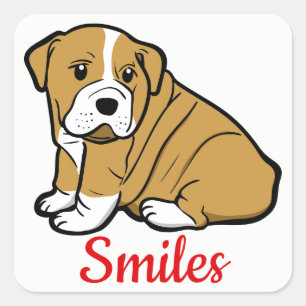 Pegatina Cuadrada Cachorro de Bulldog Inglés Sonríe, Hola