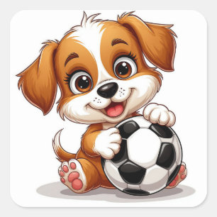Pegatina Cuadrada Cachorro De Dibujos Animados Lindo Sosteniendo Bal