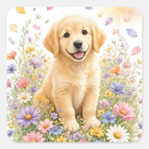 Pegatina Cuadrada Cachorro de Golden Retriever entre Flores Silvestr