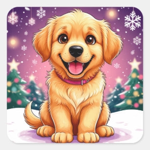 Pegatina Cuadrada Cachorro de Golden Retriever sentado en la nieve d