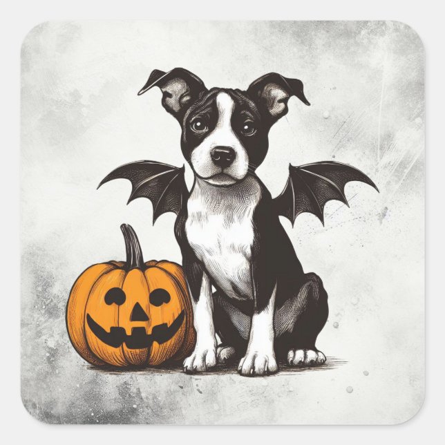 Pegatina Cuadrada Cachorro de Halloween (Anverso)