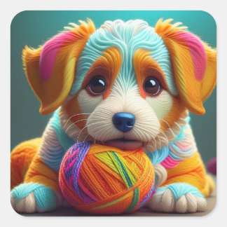 Pegatina Cuadrada Cachorro de Hilo Colorido Hecho de Estambre