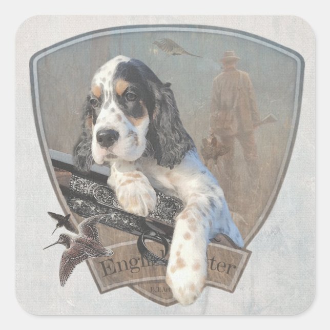 Pegatina Cuadrada Cachorro de los ingleses con escopeta clásica (Anverso)