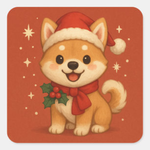 Pegatina Cuadrada Cachorro de Navidad Adorable