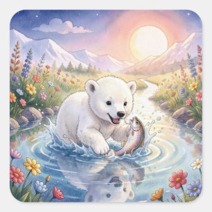 Pegatina Cuadrada Cachorro de Oso Polar Jugando con un Pez