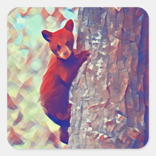 Pegatina Cuadrada Cachorro de oso subiendo árbol