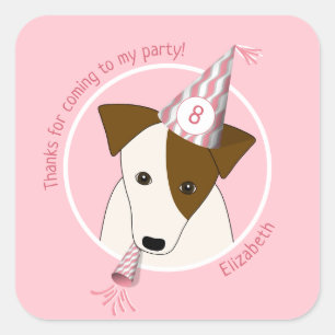 Pegatina Cuadrada cachorro de perro de cumpleaños usando chicas gorr