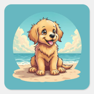 Pegatina Cuadrada Cachorro Dorado Adorable en una Escena de Playa So