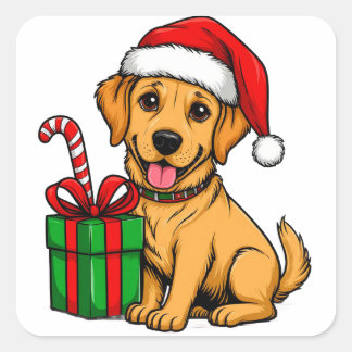 Pegatina Cuadrada Cachorro Feliz de Golden Retriever con Sombrero de