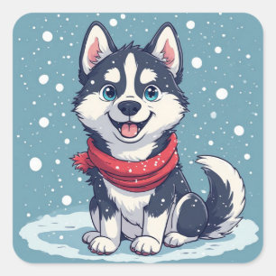 Pegatina Cuadrada Cachorro Husky Adorable con Bufanda Roja en la Nie