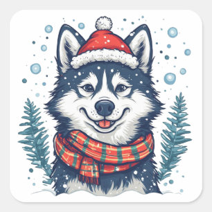 Pegatina Cuadrada Cachorro Husky Adorable con Gorro de Santa en la N