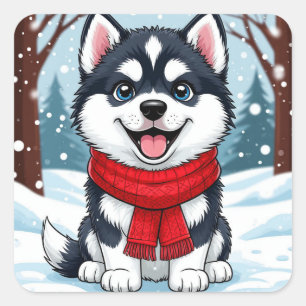 Pegatina Cuadrada Cachorro Husky Adorable Sentado En Escena Invernal
