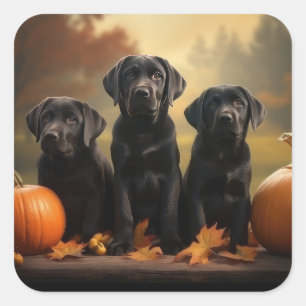 Pegatina Cuadrada Cachorro Labrador Otoño Delicia Calabaza 