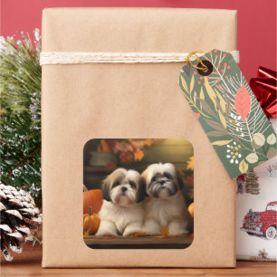 Pegatina Cuadrada Cachorro Lhasa Apso Otoño Delicia Calabaza 