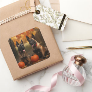 Pegatina Cuadrada Cachorro Malinoi Belga Delicia de Otoño Calabaza 