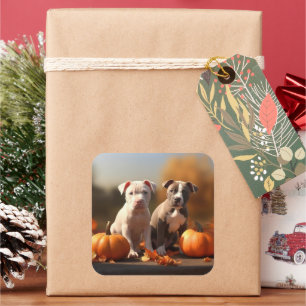 Pegatina Cuadrada Cachorro Pitbull Delicia de Otoño Calabaza