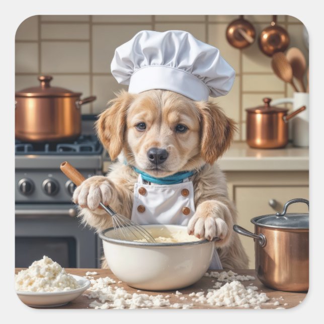 Pegatina Cuadrada Cachorro Retriever Dorado Chef  (Anverso)