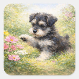 Pegatina Cuadrada Cachorro Schnauzer Flores de Primavera