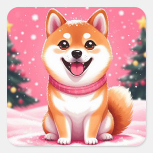 Pegatina Cuadrada Cachorro Shiba Inu Feliz Junto a Árboles de Navida