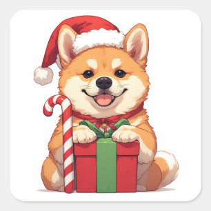 Pegatina Cuadrada Cachorro Shiba Inu sosteniendo regalo de Navidad e
