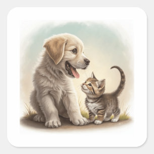Pegatina Cuadrada Cachorro y Gatito