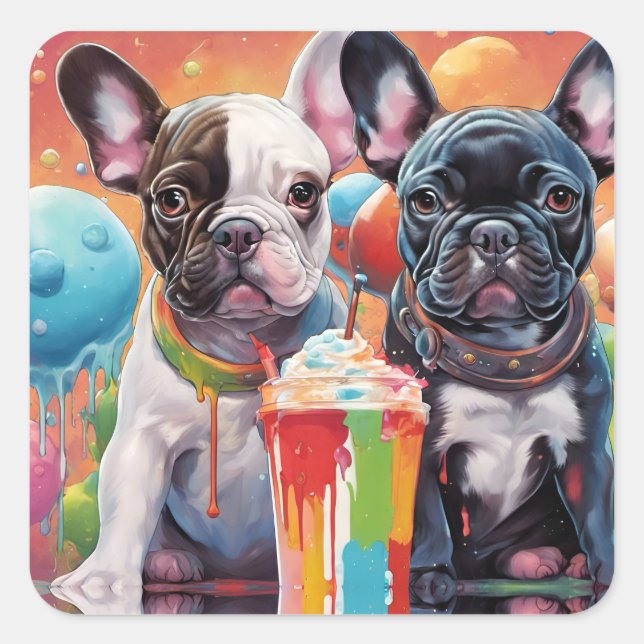 Pegatina Cuadrada Cachorros de Bulldog franceses , Milkshake (Anverso)