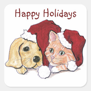 Pegatina Cuadrada Cachorros de Navidad de Kitten Santa Cap