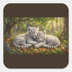 Pegatina Cuadrada Cachorros de Tigre Blanco – Serenidad del Bosque