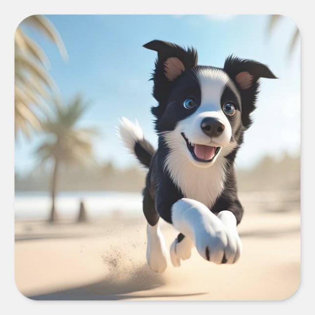 Pegatina Cuadrada Cachorros jugando en la playa (Anverso)