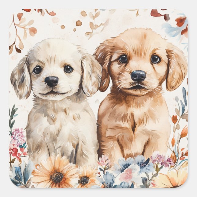 Pegatina Cuadrada Cachorros Lindos (Anverso)