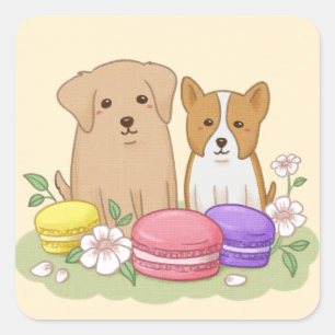 Pegatina Cuadrada Cachorros y arte de Ilustracion de Macarons