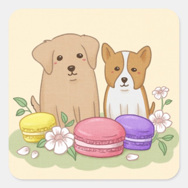 Pegatina Cuadrada Cachorros y arte de Ilustracion de Macarons (Anverso)