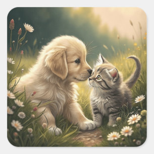 Pegatina Cuadrada Cachorros Y Gatitos
