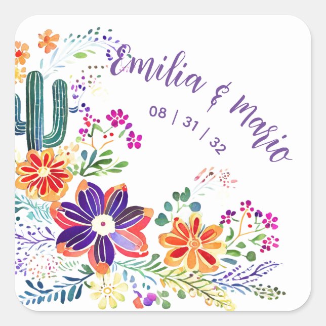 Pegatina Cuadrada Cacti Folkart Flores Personalizadas FIESTA (Anverso)