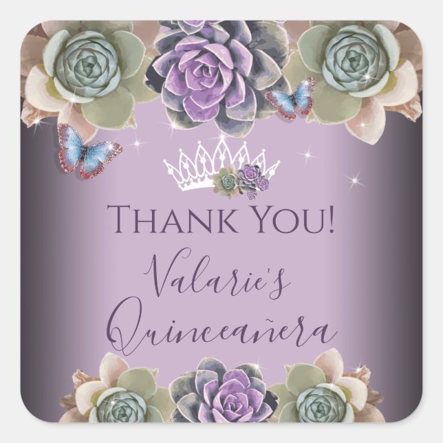 Pegatina Cuadrada Cactus and Butterfly Elegante Quinceanera Square S (Anverso)