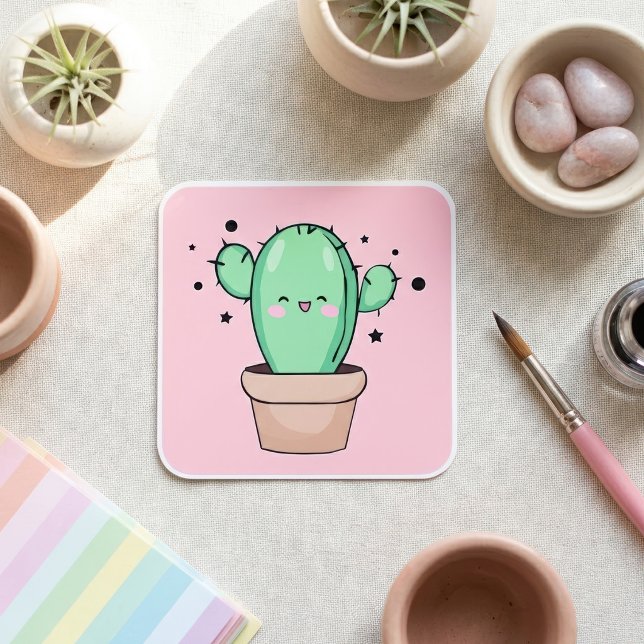 Pegatina Cuadrada Cactus bebé Kawaii sonriente en jarrón con estrell (Cute smiling Kawaii Baby Cactus in vase with stars. Square Sticker)