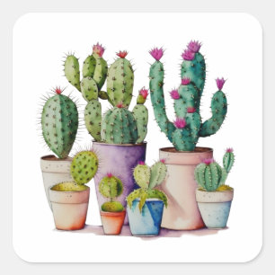 Pegatina Cuadrada Cactus cactus cutáneo de acuarela en macetas